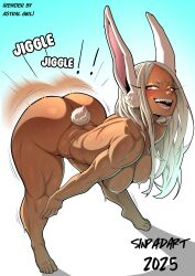 ! !! &gt;:) 1girl 2025 animal_ears artist_collaboration artist_name ass ass_shake barefoot bent_over boku_no_hero_academia breasts commentary completely_nude dark-skinned_female dark_skin english_commentary english_text feet full_body hand_on_own_knee hanging_breasts highres large_breasts long_eyelashes long_hair looking_at_viewer mirko motion_blur motion_lines nipples nude open_mouth parted_bangs rabbit_ears rabbit_girl rabbit_tail red_eyes second-party_source shadow sinpadart smile solo sound_effects sweat tail teeth thick_thighs thighs toenails toes toned toned_female twerking two-tone_background v-shaped_eyebrows white_hair
