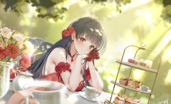 Rule 34 | 1girl, 1other, absurdres, arm garter, black hair, black tea, blush, breast rest, breasts, cup, dappled sunlight, dutch angle, flower, food, gloves, hair flower, hair ornament, happy birthday, highres, holding, holding cup, idolmaster, idolmaster million live!, kitakami reika, large breasts, light smile, long hair, macaron, nys, outdoors, own hands together, pov, pov hands, red flower, red gloves, red rose, rose, signature, sitting, sunlight, tea, teacup, tiered tray
