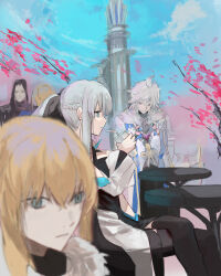 1boy 2girls absurdres artoria_pendragon_(fate) avalon_(fate) black_bow blonde_hair blue_eyes bow fate/grand_order fate_(series) green_eyes hair_between_eyes hair_bow highres long_hair long_sleeves merlin_(fate) morgan_le_fay_(fate) multiple_girls ponytail saber_(fate) short_hair very_long_hair white_hair wide_sleeves yaruyan