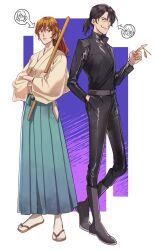 1boy 1girl arrow_(symbol) belt black_bodysuit black_hair bodysuit brown_eyes brown_hair closed_mouth cosplay costume_switch crossed_arms full_body grey_belt grey_footwear hakama halorane hand_in_pocket highres ishikawa_goemon_xiii japanese_clothes charm_(object) long_hair long_legs lupin_iii mine_fujiko ponytail sandals smile socks white_socks wide_sleeves zouri