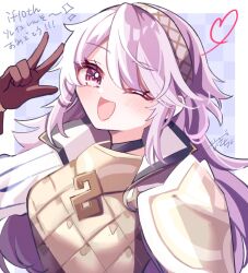 1girl ;d breasts brown_gloves eyelashes fire_emblem fire_emblem_fates fire_emblem_heroes gloves hair_between_eyes hairband highres karingityou long_hair looking_at_viewer medium_breasts nintendo official_alternate_costume one_eye_closed open_mouth pink_eyes pink_hair smile soleil_(fire_emblem) soleil_(resplendent)_(fire_emblem) solo upper_body w
