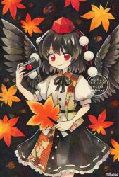 Rule 34 | 1girl, artist name, autumn leaves, bird wings, black ribbon, black skirt, black wings, brown hair, camera, closed mouth, collared shirt, commentary, dated, falling leaves, feathered wings, frilled skirt, frills, geta, hashtag-only commentary, hat, hauchiwa, highres, holding, holding camera, leaf, leaf print, maa (forsythia1729), maple leaf, maple leaf print, multicolored shirt, multicolored skirt, neck ribbon, pom pom (clothes), puffy short sleeves, puffy sleeves, red eyes, red hat, ribbon, ribbon-trimmed skirt, ribbon trim, shameimaru aya, shirt, short sleeves, skirt, smile, solo, tengu-geta, tokin hat, touhou, traditional media, twitter username, watermark, white shirt, wings