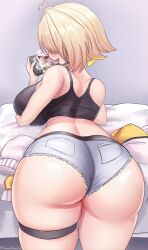 1girl absurdres ahoge ass ass_focus black_shirt blonde_hair blush breasts curvy elegg_(nikke) female_focus goddess_of_victory:_nikke heart heart_ahoge heavy_breathing hidden_eyes highres holding huge_ass huge_breasts lying midriff on_stomach open_mouth playing_games randomnoisesart shiny_skin shirt short_hair short_shorts shorts sideboob skindentation smile solo thick_thighs thighs wide_hips