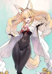 1girl animal_ears black_bodysuit bodysuit braid breasts clothing_cutout covered_navel fox_ears fox_girl fox_shadow_puppet fox_tail gloves hair_intakes heart highres hokori_kei indie_virtual_youtuber long_hair looking_at_viewer medium_breasts okobo partially_fingerless_gloves platform_sandals red_nails ribbon-trimmed_clothes ribbon_trim sandals shoulder_cutout shrug_(clothing) solo tail taishi_(picchiridou) thick_eyebrows twin_braids virtual_youtuber