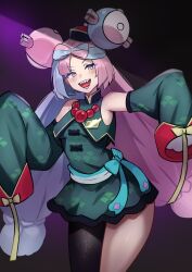 highres iono_(fall_2024)_(pokemon) iono_(pokemon) jiangshi_costume long_hair nintendo official_alternate_costume open_mouth pink_hair pokemon pokemon_masters_ex sharp_teeth teeth very_long_hair zet_(twt_zet)