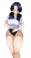 1girl absurdres black_hair blue_eyes breasts clothes_lift competition_swimsuit dragon_ball dragonball_z feet_out_of_frame female_focus groin hazama_null highres large_breasts legs lifting_own_clothes looking_at_viewer one-piece_swimsuit parted_lips shirt shirt_lift simple_background smile solo standing swimsuit swimsuit_under_clothes thigh_gap thighs twintails videl white_background white_shirt