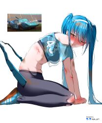 1girl absurdres animification bare_shoulders blue_hair blush car cars_(movie) commentary crash crop_top crop_top_overhang crying cuts english_commentary hair_over_eyes headband highres injury long_hair looking_at_viewer motor_vehicle nisp_art one_eye_closed orange_eyes original pants personification seiza shoes short_sleeves simple_background sitting sneakers strip_weathers translucent twintails vehicle_and_personification very_long_hair white_background yoga_pants