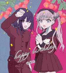 1boy 1girl black_bow blue_background blush bow brother_and_sister cherry earrings eyelashes food fruit grey_eyes hair_between_eyes hair_bow hand_up happy_birthday jewelry long_sleeves matching_hair/eyes one_eye_closed open_mouth pants pink_background pink_hair pleated_skirt purple_eyes purple_hair red_pants red_shirt red_skirt shirt siblings skirt teeth the_hundred_line_-last_defense_academy- tsukumo_ima tsukumo_kako twins upper_teeth_only white_background