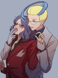 Rule 34 | 2boys, akr (tvfz2233), black jacket, blonde hair, blue hair, blush, collared shirt, colress (pokemon), commentary request, finger in another&#039;s mouth, gloves, grey background, holding another&#039;s wrist, jacket, lab coat, long sleeves, lucian (pokemon), male focus, multicolored hair, multiple boys, nintendo, open mouth, parted bangs, pokemon, pokemon bw2, pokemon dppt, red jacket, shirt, smile, sunglasses, sweatdrop, two-tone hair, yaoi, yellow eyes