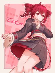 1girl absurdres ahoge arm_at_side belt black_shirt black_skirt border brown_belt comradekashoot drill_hair feet_out_of_frame fingernails flat_chest from_below grey_border hair_between_eyes hand_up highres kasane_teto kasane_teto_(voicepeak) long_sleeves looking_at_viewer midriff_peek outside_border pink_background pleated_skirt red_belt red_eyes red_nails red_skirt shirt skirt smile solo twin_drills utau voicepeak