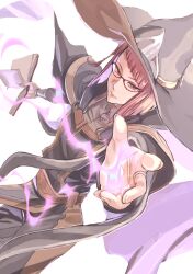 1girl belt book cape casting_spell diagonal_bangs fire_emblem fire_emblem_awakening glasses hair_tubes hat highres holding holding_book magic miriel_(fire_emblem) nintendo red-framed_eyewear red_hair short_hair solo tsujii_luki witch_hat wrist_guards