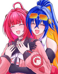 2girls :d ^_^ belle_(zenless_zone_zero) black_choker black_sailor_collar blue_hair blush bow bowtie cardigan chest_bow choker closed_eyes crossed_bangs eyewear_on_head hair_ornament highres hug hug_from_behind letter_hair_ornament long_hair miyabidai multiple_girls open_mouth orange-tinted_eyewear pink_cardigan ponytail red_hair sailor_collar smile tinted_eyewear ukinami_yuzuha upper_body white_bow white_bowtie zenless_zone_zero