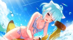 Rule 34 | 1girl, ;d, ahoge, akine (kuroyuri), aqua hair, banana boat, bare shoulders, bikini, blue sky, blush, breasts, cleavage, collarbone, day, frilled bikini, frills, hair flaps, highres, light rays, looking at viewer, medium breasts, one eye closed, one side up, open mouth, original, outdoors, purple bikini, red eyes, short hair, sitting, sky, smile, solo, sparkle, spread legs, striped bikini, striped clothes, sunbeam, sunlight, swimsuit, water