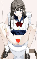 1girl arms_behind_back bathroom black_hair blue_eyes blue_sailor_collar blue_skirt blush bow bow_panties censored heart heart_censor highres indoors loafers long_hair m_legs moonsorrow on_toilet open_mouth original panties panties_around_leg pleated_skirt pussy sailor_collar school_uniform serafuku shoes sitting skirt socks spread_legs tile_floor tiles toilet toilet_seat toilet_stall underwear white_panties white_socks