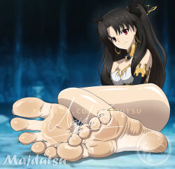 Rule 34 | 1girl, anklet, armlet, barefoot, black hair, breasts, earrings, fate (series), feet, foot focus, foreshortening, hair ribbon, hoop earrings, ishtar (fate), jewelry, long hair, long legs, looking at viewer, majdutsu, red eyes, ribbon, smile, soles, solo, toes, two side up