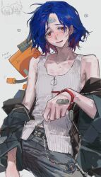 1boy absurdres alternate_costume amate_yuzuriha bandaid bandaid_on_face bandaid_on_forehead black_jacket black_pants blue_hair blush charm_(object) dog_tags emoji grey_background grey_tank_top gundam gundam_gquuuuuux highres jacket krymrin looking_at_viewer male_focus multicolored_hair nyaan_(gundam_gquuuuuux) off_shoulder open_clothes open_jacket open_mouth pants pleading_face_emoji purple_hair red_eyes revision robot shuji_ito simple_background sweat tank_top zipper_pull_tab