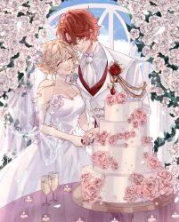 1boy 1girl absurdres abyss_of_alyss alcohol alternate_costume bare_shoulders blonde_hair blue_eyes blue_sky breasts bridal_veil bride cake candle closed_eyes commentary_request couple cup dress dress_flower drinking_glass earrings flower food genshin_impact grin groom hair_flower hair_ornament hetero highres holding holding_knife husband_and_wife indoors jacket jewelry knife large_breasts looking_at_another lumine_(genshin_impact) mixed-language_commentary orange_hair partial_commentary pink_flower red_vest ring see-through_cleavage see-through_clothes see-through_sleeves short_hair short_hair_with_long_locks sky smile table tartaglia_(genshin_impact) veil vest wedding_cake wedding_cake_cutting wedding_dress wedding_ring white_dress white_flower white_jacket window wine wine_glass
