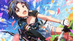 1girl aura bicycle black_dress black_eyes black_hair breasts cleavage commentary_request confetti day dress eyewear_on_head fingerless_gloves game_cg gloves idolmaster idolmaster_(classic) idolmaster_million_live! idolmaster_million_live!_theater_days looking_ahead official_art open_mouth outdoors riding riding_bicycle short_hair short_sleeves sky solo teeth thigh_strap third-party_source upper_teeth_only white_gloves