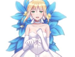 1girl :d alternate_costume antenna_hair artoria_pendragon_(fate) bare_shoulders blonde_hair blue_flower blush braid breasts choker cleavage collarbone crown_braid dress elbow_gloves fate/grand_order fate_(series) flower gloves green_eyes hair_between_eyes hand_on_own_chest highres lily_(flower) looking_at_viewer medium_breasts open_mouth outstretched_hand saber_(fate) short_hair sidelocks sii_artatm simple_background sleeveless sleeveless_dress smile solo strapless strapless_dress upper_body wedding_dress white_background white_choker white_dress white_gloves