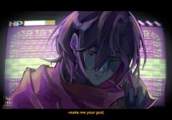 Rule 34 | 1other, alien stage, blue hair, blue skin, closed mouth, colored skin, commentary, deltarune, earrings, english text, hair between eyes, health bar, highres, jewelry, kris (dark world) (deltarune), kris (deltarune), letterboxed, lyrics, other focus, pink scarf, scarf, screen, short hair, signature, solo, subtitled, symbol-only commentary, yannerspancake