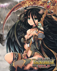 1girl bad_id bad_pixiv_id bare_shoulders black_hair black_thighhighs black_wings breasts choker cleavage detached_sleeves female_focus floating_island green_eyes horns jewelry long_hair looking_at_viewer medium_breasts navel necklace original parted_lips sakurai_unan scythe shinma_x_keishou!_ragnabreak single_thighhigh snake solo storm tears thighhighs thighlet wings
