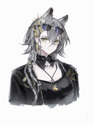 Rule 34 | 1girl, absurdres, ambience synesthesia, animal ears, arknights, black shirt, chinese commentary, closed mouth, commentary request, cropped shoulders, crossed bangs, ear piercing, eyewear on head, grey hair, hair behind ear, hair between eyes, highres, long hair, looking at viewer, mole, mole above eye, official alternate costume, penance (ambience synesthesia) (arknights), penance (arknights), piercing, scoop neck, shirt, simple background, solo, split mouth, sunglasses, white background, yellow eyes, zhishi mao tiao