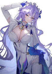 1girl absurdres arm_up blue_flower blue_hair breasts cantarella_(wuthering_waves) closed_mouth colored_inner_hair commentary cowboy_shot dress earrings facial_mark flower hair_between_eyes hair_flower hair_ornament hand_on_own_head headdress highres jewelry large_breasts long_hair looking_at_viewer mark_under_eye mole mole_under_eye multicolored_hair purple_hair reiami shrug_(clothing) simple_background smile solo thighhighs thighs very_long_hair white_background white_dress white_shrug white_thighhighs wuthering_waves