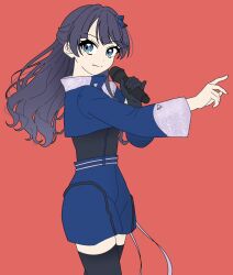Rule 34 | 1girl, arm up, asymmetrical sleeves, black gloves, black shorts, black thighhighs, blue jacket, commentary request, cowboy shot, cropped jacket, gloves, half updo, highres, holding, holding microphone, jacket, ladybug/beauty (love live!), link! like! love live!, llkapital, long sleeves, looking at viewer, love live!, microphone, murano sayaka, official alternate costume, red background, self-borrowed hairstyle, short sleeves, shorts, simple background, single glove, solo, standing, thighhighs, uneven sleeves, virtual youtuber