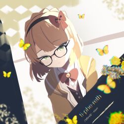 Rule 34 | 1girl, black headband, blunt bangs, bob cut, bow, brooch, brown hair, bug, butterfly, chest bow, chromatic aberration, coat, collared shirt, definition, english text, frown, glasses, green eyes, hair bow, head tilt, headband, highres, insect, jewelry, library of ruina, looking at viewer, partially shaded face, project moon, realtawil, shirt, short hair, sidelighting, solo, tiphereth a (project moon), too many, too many butterflies, upper body, white shirt, yellow coat