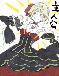 1girl beatrice_(umineko) black_choker black_dress blonde_hair blue_eyes blush bow bowtie choker commentary_request dress fang flower frilled_choker frills hair_flower hair_ornament highres open_mouth red_dress red_flower short_hair simple_background smile solo tukijirou960 two-tone_dress umineko_no_naku_koro_ni white_background