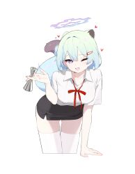1girl absurdres alternate_costume animal_ears aqua_hair aqua_tail arm_support bartender black_skirt blue_archive blue_halo breasts bright_pupils collared_shirt commentary extra_ears hair_between_eyes halo heart highres holding leaning_forward looking_at_viewer medium_breasts miniskirt mona_kkkk neck_ribbon one_eye_closed open_mouth pencil_skirt purple_eyes red_ribbon ribbon shigure_(blue_archive) shirt short_hair short_sleeves simple_background skirt smile solo tail thighhighs thighs weasel_ears weasel_girl weasel_tail white_background white_pupils white_thighhighs