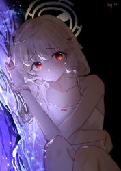 Rule 34 | 1girl, absurdres, alternate costume, aoba (blue archive), black background, blonde hair, blue archive, bow, bow camisole, camisole, closed mouth, collarbone, commentary request, galaxy background, halo, highres, long hair, looking at viewer, low twintails, lying, on side, pink bow, reiami, simple background, solo, twintails, white camisole, yellow halo