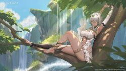 1boy 1girl adjutant_(snowbreak) arm_strap arms_up bangle black_gloves black_hair blue_sky blush bracelet branch breasts brown_hair caustics cleavage cliff clothing_cutout cloud cloudy_sky dappled_sunlight dark-skinned_female dark_skin dress elbow_gloves elf eyebrows_hidden_by_hair foliage from_side full_body gloves gold greco-roman_clothes green_eyes grey_hair hair_between_eyes hair_ornament highres hip_vent jewelry knee_up landscape large_breasts leaf leaf_hair_ornament leg_up legs light_rays looking_to_the_side midriff multicolored_hair navel navel_cutout nita_(snowbreak) nita_-_pulse_(sylvan_spirit) off-shoulder_dress off_shoulder official_alternate_costume official_alternate_hairstyle official_art on_tree open_mouth outdoors pointy_ears reflection reflective_water short_hair_with_long_locks sideboob sidelocks single_glove sitting sitting_on_branch sky snowbreak:_containment_zone streaked_hair stretching stuffed_toy sunlight teeth thigh_strap thighs toenails toes toned tongue tree tree_shade variations water water_drop waterfall white_dress