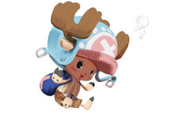 1boy absurdres antlers bag blue_hood blue_nose blush brown_pants cross dated_commentary eyelashes full_body hat highres hood horns male_focus one_piece pants pink_hat reindeer_antlers shoulder_bag simple_background smile solo striped_clothes tony_tony_chopper vertical-striped_clothes white_background winpuss