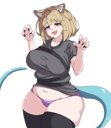 1girl animal_ear_fluff animal_ears arknights black_nails breasts brown_hair cigaros claw_pose curvy highres large_breasts looking_at_viewer open_mouth panties pink_eyes plump smile solo tail thick_thighs thighs underwear utage_(arknights)