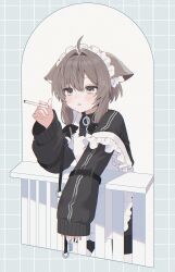 1girl absurdres ahoge animal_ear_fluff animal_ears apron between_fingers black_bow black_jacket black_shorts blush bow brown_eyes brown_hair cigarette frilled_apron frills grey_eyes grid_background hair_between_eyes hair_bow hair_intakes hand_up highres holding holding_cigarette jacket long_sleeves mafuchu_v mafuyu_(vrchat) maid maid_apron maid_headdress open_mouth parted_lips railing short_hair_with_long_locks shorts sidelocks sleeves_past_wrists smoking solo strap_slip track_jacket unconventional_maid vrchat white_apron