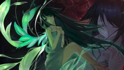 1girl ame_(amelovelio) bare_shoulders closed_eyes dress flat_chest flesh green_eyes green_hair green_wings hair_flaps hands_on_own_chest head_tilt highres long_hair looking_to_the_side multiple_views saya_(saya_no_uta) saya_no_uta very_long_hair wings