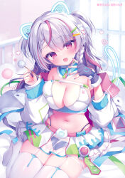 1girl absurdres animal_ears black_gloves black_panties blush braid breasts cat_ears cat_tail cleavage_cutout clothing_cutout crop_top ear_cleaning fingerless_gloves garter_straps gloves grey_hair highres holding indoors jacket kofuyu_(cofyuuun) large_breasts long_hair long_sleeves looking_at_viewer multicolored_hair open_mouth original panties red_eyes red_hair see-through_clothes sitting smile solo streaked_hair tail thigh_strap thighhighs underwear wariza white_jacket white_thighhighs