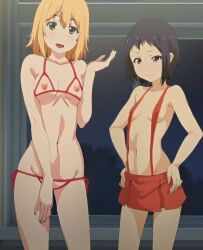 2girls black_hair blonde_hair breasts erect_niples female_focus mary_(toshi_densetsu_series) multiple_girls naughty_face nipples nude short_hair small_breasts