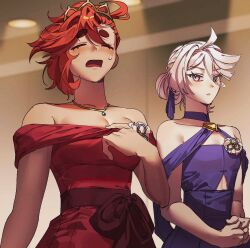 2girls blush breasts cleavage closed_eyes collar collarbone crown dress gundam gundam_suisei_no_majo hair_between_eyes jewelry miorine_rembran multiple_girls necklace off_shoulder open_mouth ponytail purple_dress red_dress red_hair sash suletta_mercury sweat thick_eyebrows tkffuwnj_ing white_eyes white_hair
