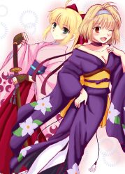 2girls arcueid_brunestud artoria_pendragon_(fate) blonde_hair bow breasts cleavage cosplay fate_(series) fingerless_gloves gloves green_eyes hair_ribbon hairband hand_on_own_chest highres japanese_clothes kanzaki_sumire large_breasts legs long_skirt looking_at_viewer medium_breasts melty_blood multiple_girls one_eye_closed open_mouth red_bow red_eyes ribbon saber_(fate) sakura_taisen sega shinguuji_sakura short_hair skirt smile sword thighs tongue tsukihime weapon wink