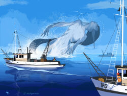 1girl 2boys artist_name blue_hair boat closed_eyes commentary dated day english_commentary fins giant giantess head_fins long_hair mermaid monster_girl multiple_boys no_nipples ocean original signature solo_focus vashperado water watercraft