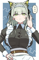 1girl alternate_breast_size animal_ears arknights breasts cat_ears cat_girl closed_mouth green_eyes kal&#039;tsit_(arknights) large_breasts looking_at_viewer maid maid_headdress short_hair solo sweat u5_oekaki upper_body