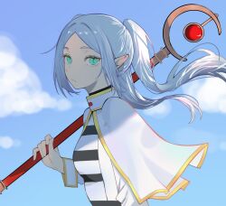 Rule 34 | 1girl, blue sky, breasts, capelet, closed mouth, cloud, commentary, day, expressionless, floating hair, frieren, from side, green eyes, grey hair, hair intakes, high collar, highres, holding, holding staff, long hair, long sleeves, looking at viewer, looking to the side, mage staff, outdoors, over shoulder, pointy ears, shirt, sidelocks, sideways glance, sky, small breasts, solo, sousou no frieren, staff, straight hair, striped clothes, striped shirt, talnory, thick eyelashes, turning head, twintails, upper body, weapon, weapon over shoulder, white capelet, white shirt