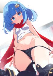 1girl absurdres bare_arms black_panties black_pants blue_eyes blue_hair blunt_bangs breasts ceiling commentary_request commission crown_hair_ornament highres indoors looking_at_viewer medium_hair navel original panties pants panty_pull red_scarf scarf shiro9jira shirt skeb_commission sleeveless sleeveless_shirt small_breasts standing underwear unworn_pants white_shirt wide_hips window