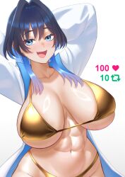 1girl abs absurdres alternate_costume bikini blue_eyes blue_hair blush breasts cipher4109 cleavage collarbone commentary cropped english_commentary fang gold_bikini golden_week hair_between_eyes hair_intakes highleg highleg_bikini highres hololive hololive_english hood hooded_jacket huge_breasts jacket like_and_retweet long_hair long_sleeves looking_at_viewer medium_hair multicolored_hair multicolored_jacket navel open_clothes open_jacket open_mouth open_shirt ouro_kronii satin_bikini shiny_swimsuit simple_background skin_fang smile solo stomach swimsuit twitter_strip_game two-tone_jacket upper_body variant_set virtual_youtuber white_background white_jacket wolf_cut