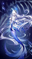 1girl absurdres artist_name bare_shoulders black_choker blurry blurry_background bow breasts chinese_commentary choker commentary_request dress genshin_impact hair_ornament hair_over_one_eye highres large_breasts long_hair looking_at_viewer mermaid monster_girl monsterification red_eyes sheya short_dress short_sleeves signature skirk_(genshin_impact) solo very_long_hair white_bow white_dress white_hair