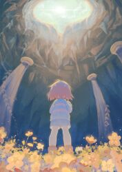 Rule 34 | 1other, absurdres, ahoge, ankle boots, backlighting, blue jacket, blue shorts, blue sky, blunt ends, bob cut, boots, brown boots, brown hair, commentary, day, english commentary, field, film grain, flower, flower field, frisk (undertale), from behind, from below, full body, highres, jacket, kiriyume, leaf, legs apart, long sleeves, other focus, outdoors, pillar, pink shirt, plant, shirt, short hair, shorts, sky, solo, standing, striped clothes, striped shirt, sun, twitter username, two-tone shirt, undertale, vines, yellow flower
