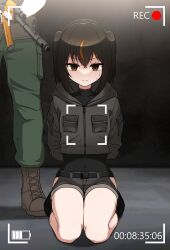 1girl absurdres black_shirt breasts brown_eyes brown_hair covered_navel hair_between_eyes highres looking_at_viewer multicolored_hair nanju_bami original shirt small_breasts thighs twintails two-tone_hair viewfinder