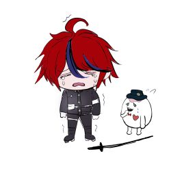 Rule 34 | 1boy, ahoge, armband, black hat, black pants, black skirt, blue hair, bow, bowtie, brain, chibi, closed eyes, crying, full body, hair between eyes, hat, heart, highres, last defense academy school uniform, mascot, messy hair, multicolored hair, pants, red bow, red hair, sirei (hundred line), skirt, standing, sumino takumi, sword, tears, the hundred line -last defense academy-, weapon